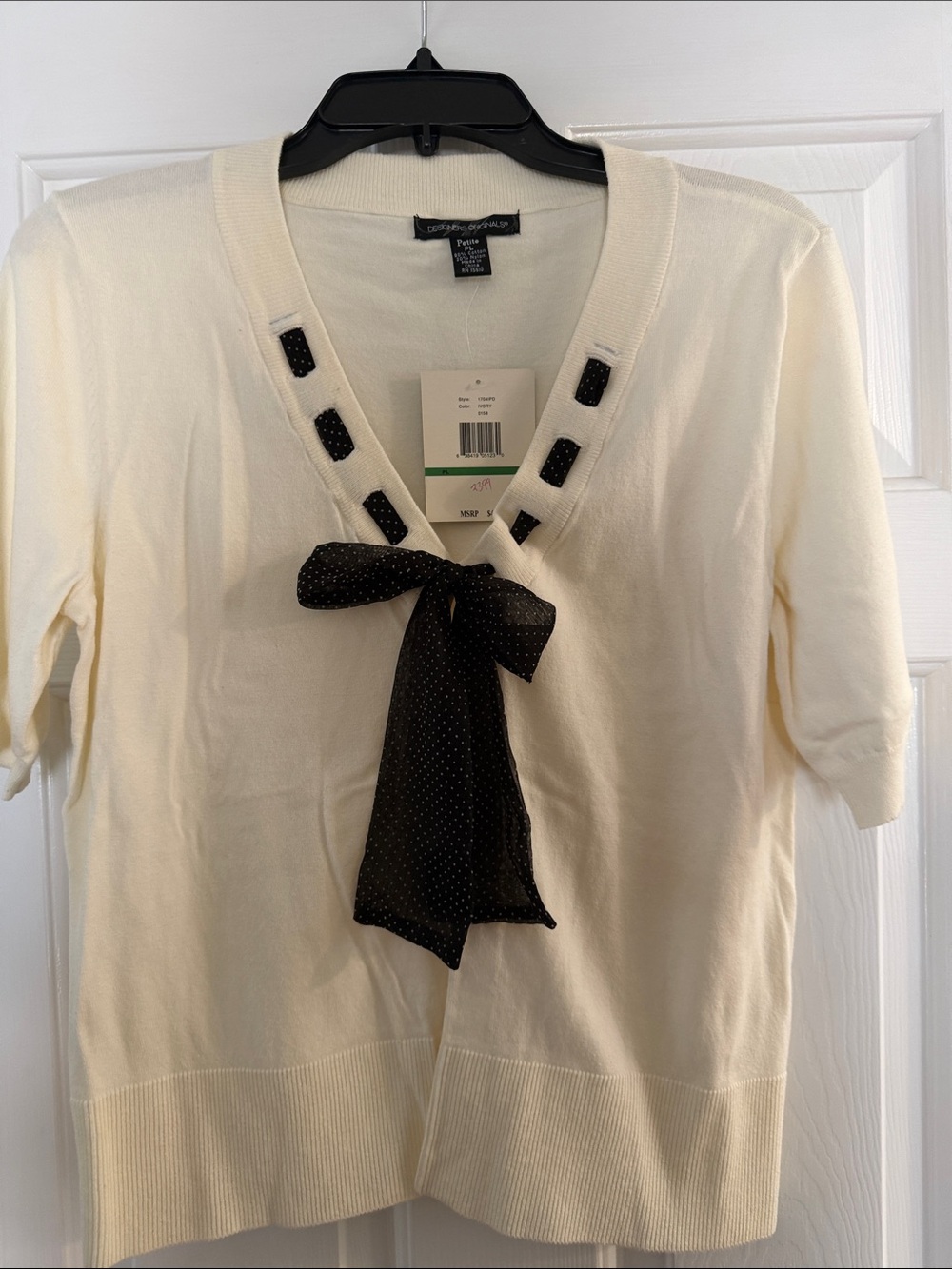 Designers Originals Ivory Short Sleeve Knit Top with Black Polka Dot Accents